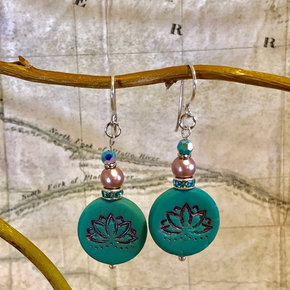 Teal Lotus Earrings - Lotus Jewelry, Lotus Pose